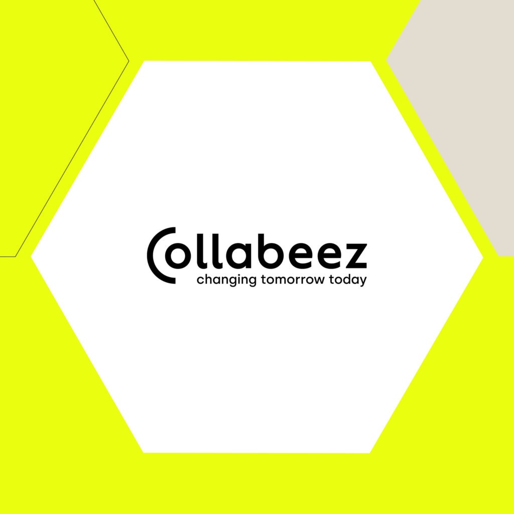 Collabeez Logo mit Claim 'Change-Management mit Mut zum Wandel' mit Waben in den Farben weiß, neongelb und grau im Hintergrund.