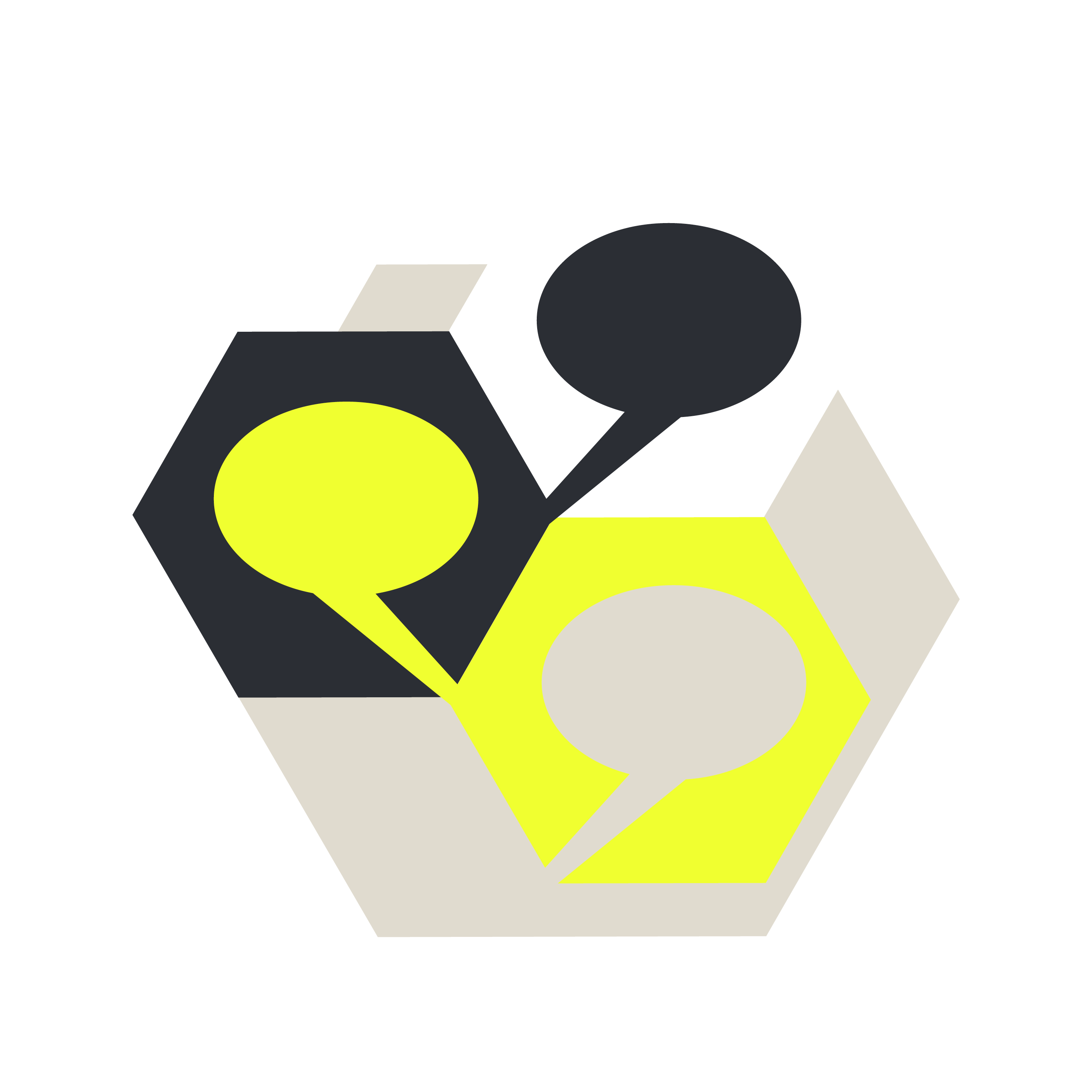 collabeez offene kommunikation - drei Sprechblasen verbunden durch drei Waben im Hintergrund, in den Farben schwarz, weiß und neongelb
